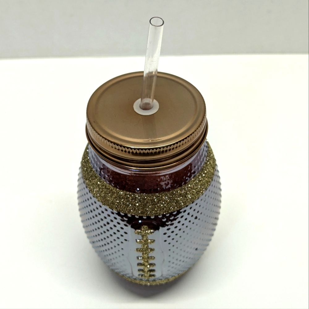 Glittery Football Glass Mason Jar Tailgate Tumbler Cup with Lid & Straw - Picture 3 of 4